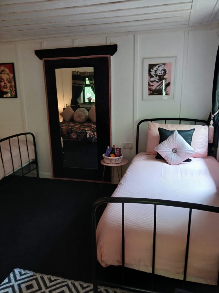 Twin beds with pink covers and wall art